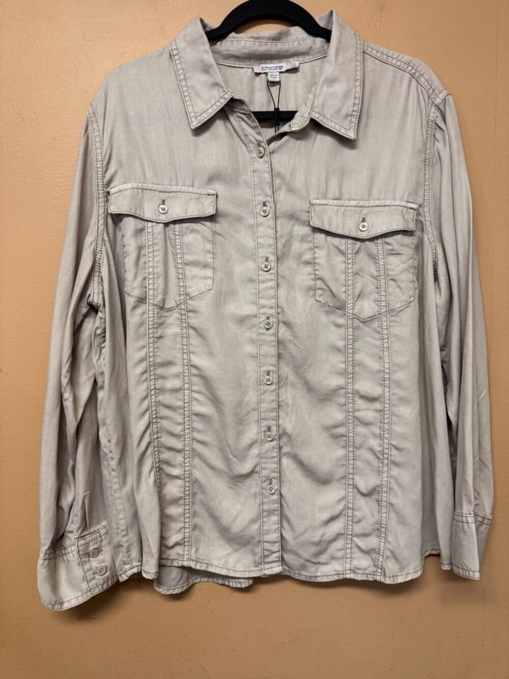 Chico's Split Cuff Shirt Top Size Lyocell Button Up Helium Utility 4 US 20